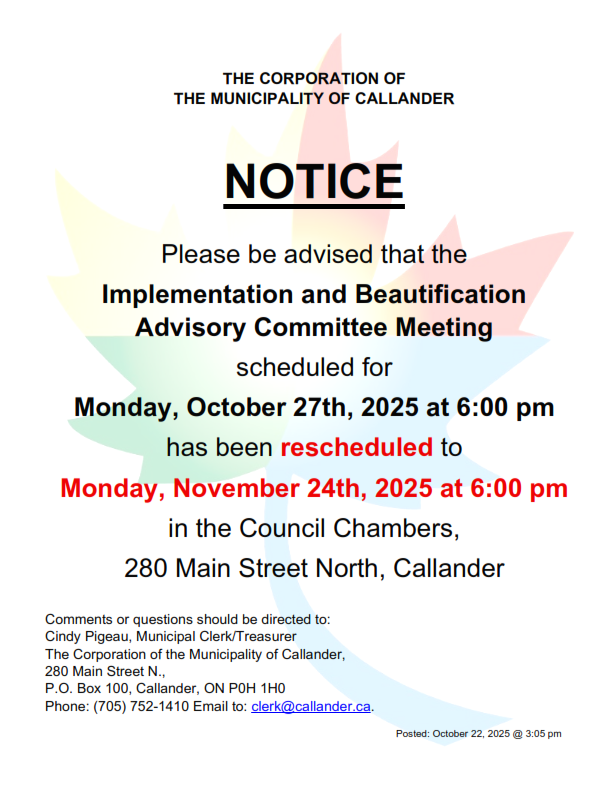 Implementation and Beautification Advisory Committee Meeting Rescheduled